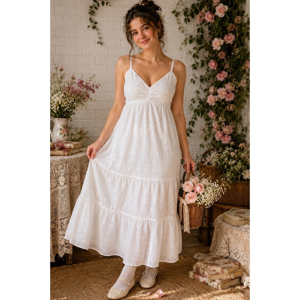 Ophelia Roe White Eyelet Prairie Midi Dress Cottagecore Coquette XL